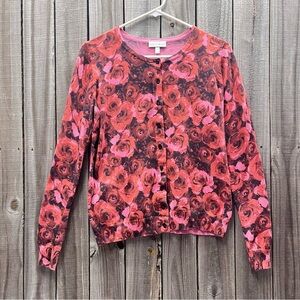 Imperfect rose cardigan 100% cotton ribbed hem & cuffs square shiny buttons